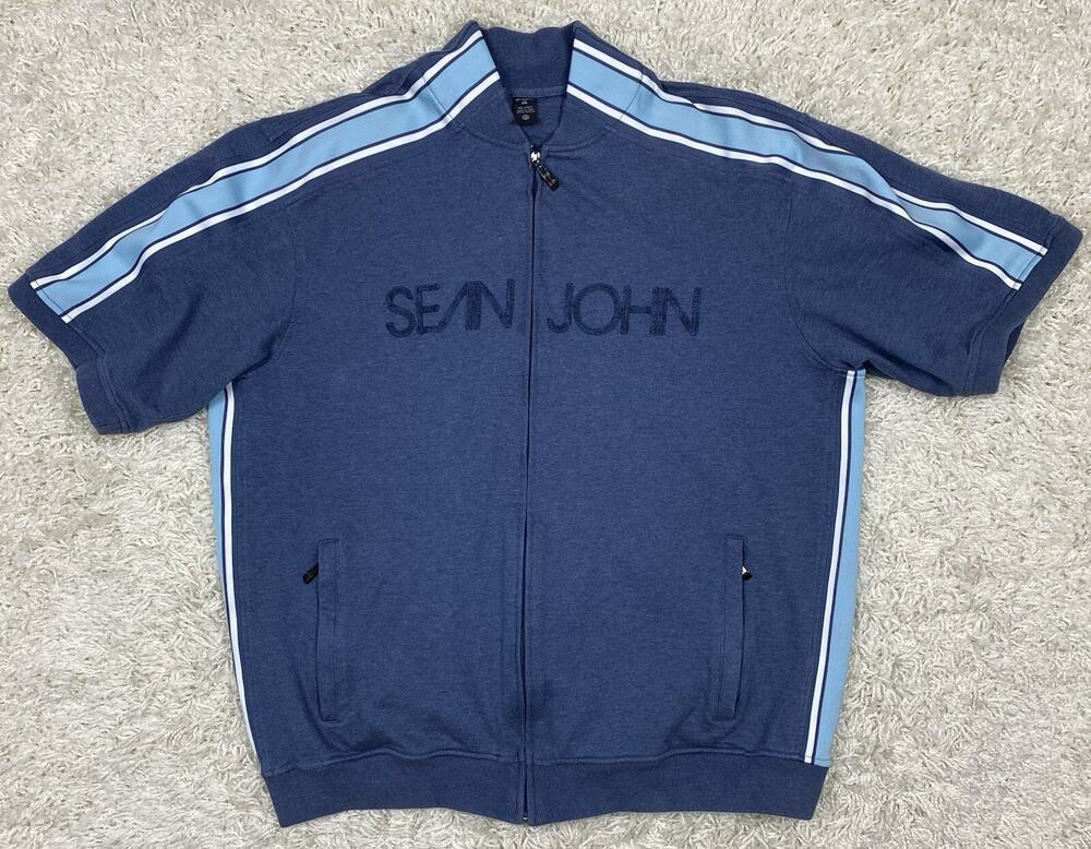 Sean John Track Jacket Mens XXL Short Sleeve Full Zip Striped Navy Blue Y2K